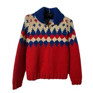 Vintage Handmade Cowichan Cardigan Sweater Kids Youth Geometric Fair Isle Wool